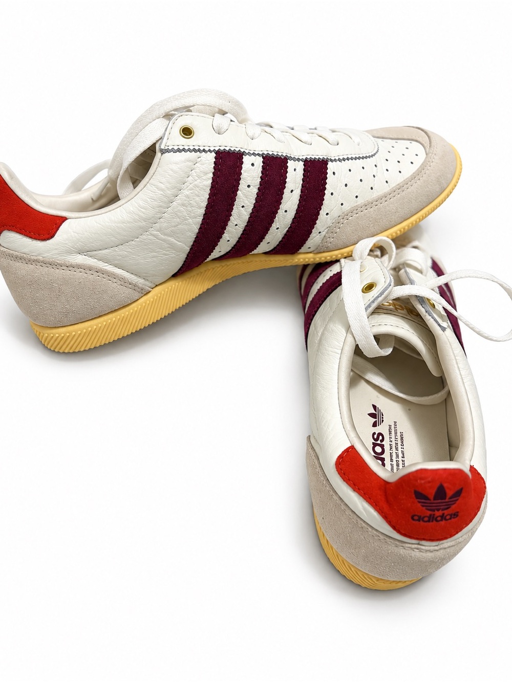 adidas women Japan White Leather Sneakers with Burgundy Stripes and Red Heel Tab